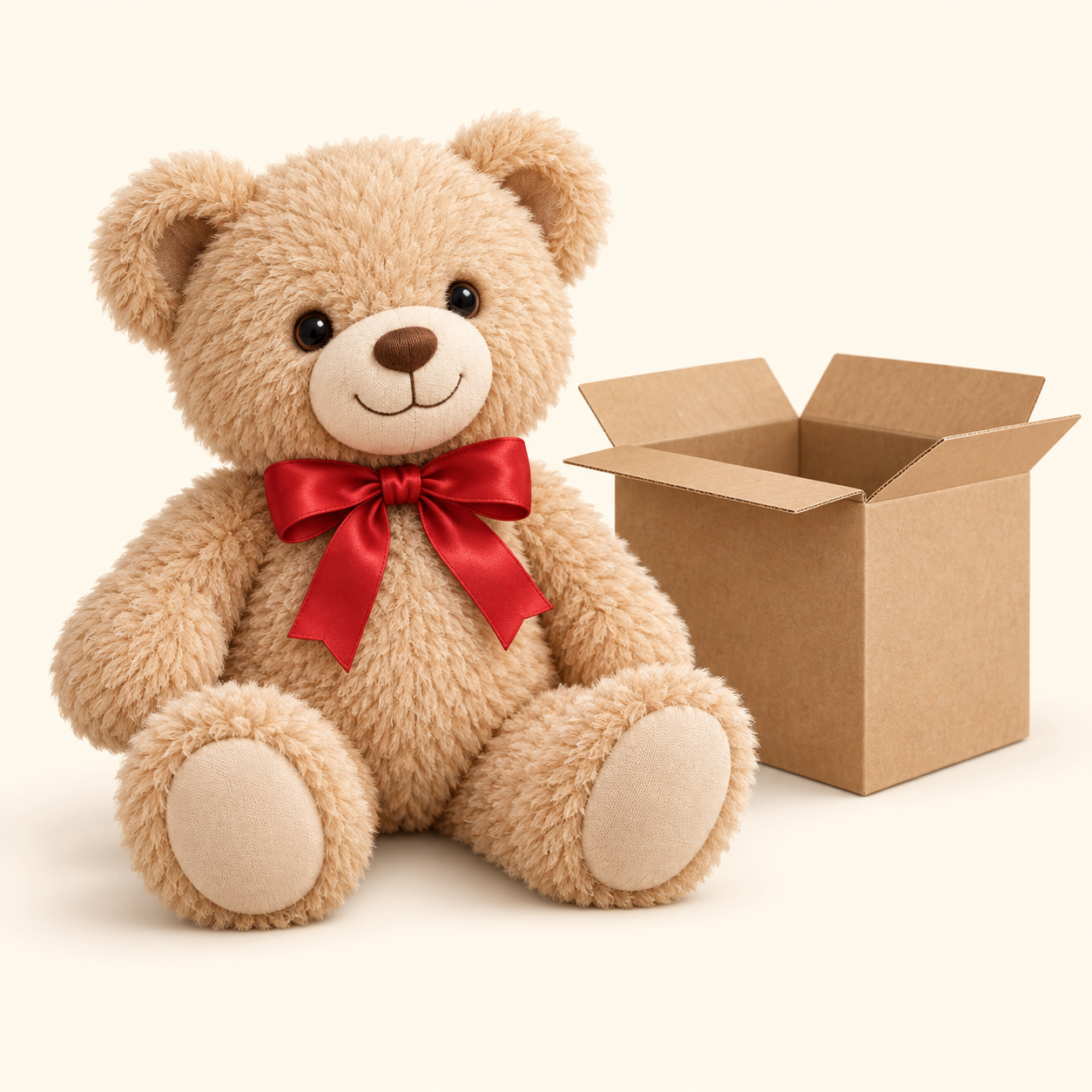 Illustrative plush product beside a shipping box